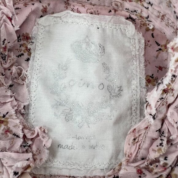 Cino XL Pink Floral Ruffle Blouse Button Down Tie Neck Smocked Peasant - Picture 2 of 8